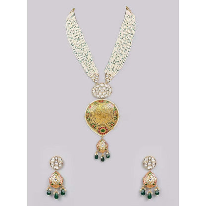Auraa Trends Gold-Plated Meenakari Jewellery Set with Green Beads and Coin Pendant for Women