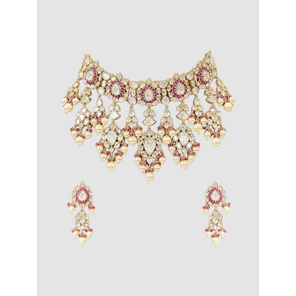 Auraa Trends Pink Bridal Kundan Choker Jewellery Set with Earrings