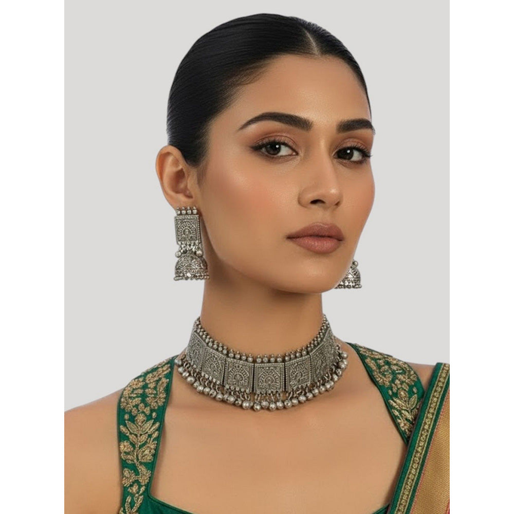 Auraa Trends Antique Oxidised Silver Plated Tribal Choker Necklace with Earrings