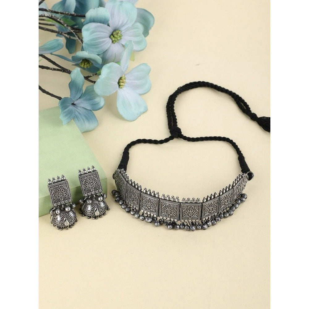 Auraa Trends Antique Oxidised Silver Plated Tribal Choker Necklace with Earrings