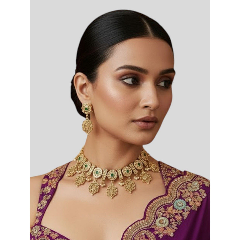 Auraa Trends Traditional Antique Gold Plated Temple Necklace with Green Stones and Earrings
