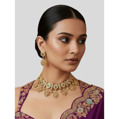 Auraa Trends Traditional Antique Gold Plated Temple Necklace with Green Stones and Earrings