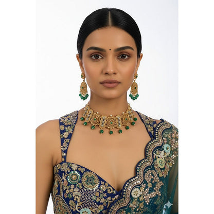 Auraa Trends Traditional Gold-Plated Green Beaded Choker Necklace with Earrings