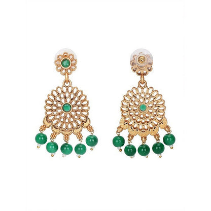 Auraa Trends Traditional Gold-Plated Green Beaded Choker Necklace with Earrings