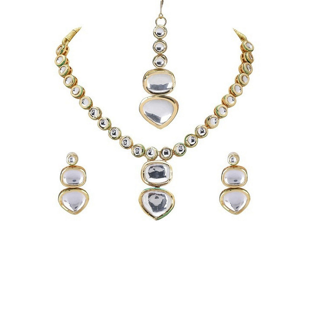 Auraa Trends Traditional Kundan Mirror Polished Necklace with Earrings and Maang Tikka