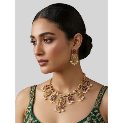 Auraa Trends Pink Gold-Plated Temple Jewelry Necklace with Earrings