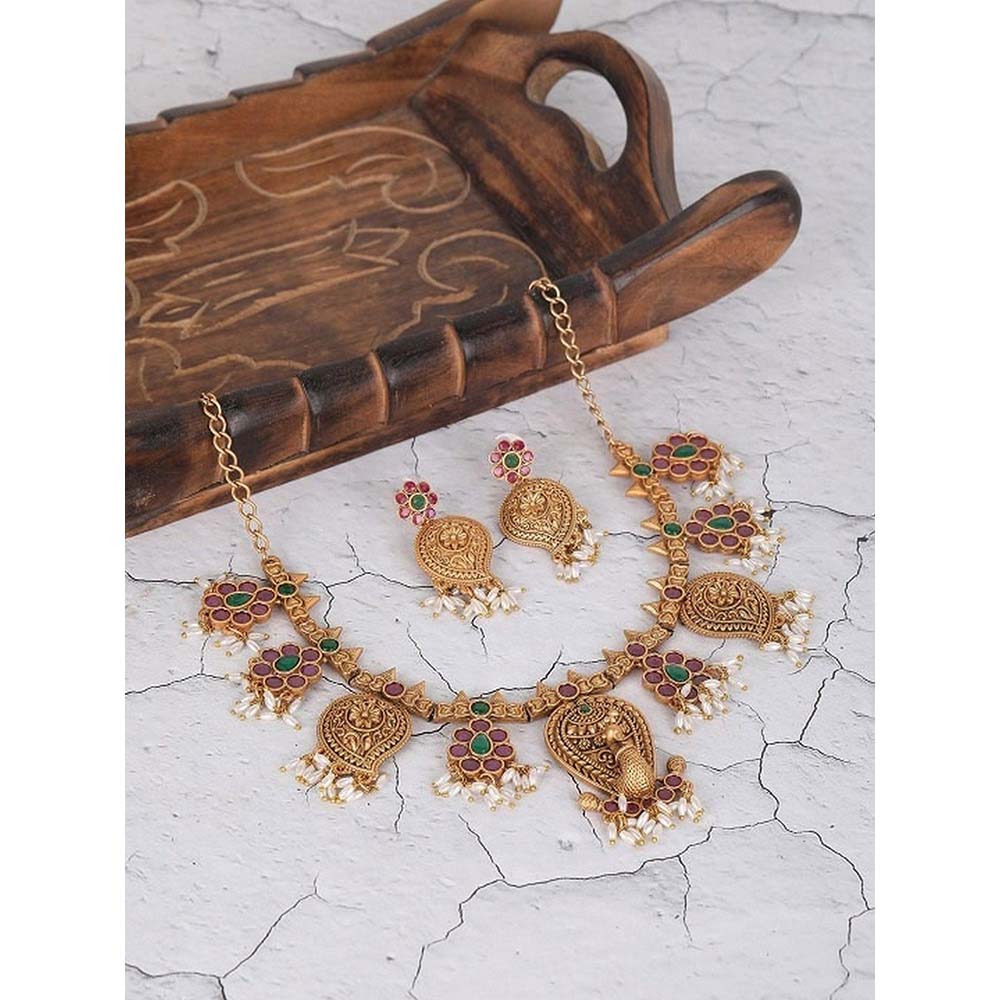 Auraa Trends Pink Gold-Plated Temple Jewelry Necklace with Earrings