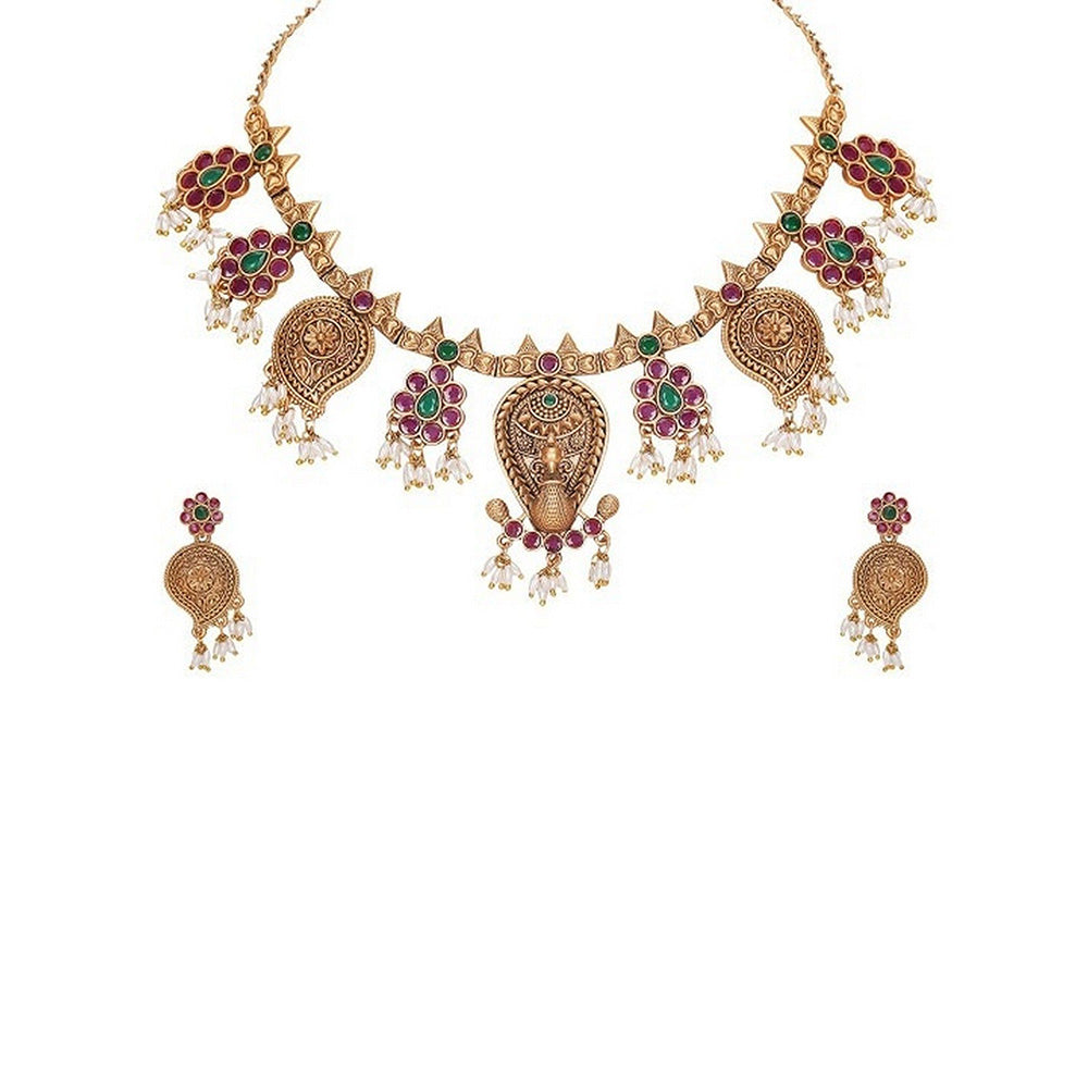 Auraa Trends Pink Gold-Plated Temple Jewelry Necklace with Earrings