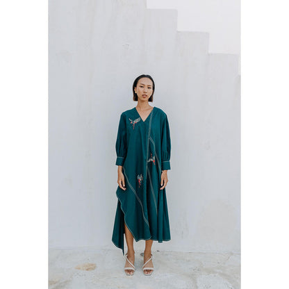 Auruhfy Teal Embroidered Song Of The Sea Dress