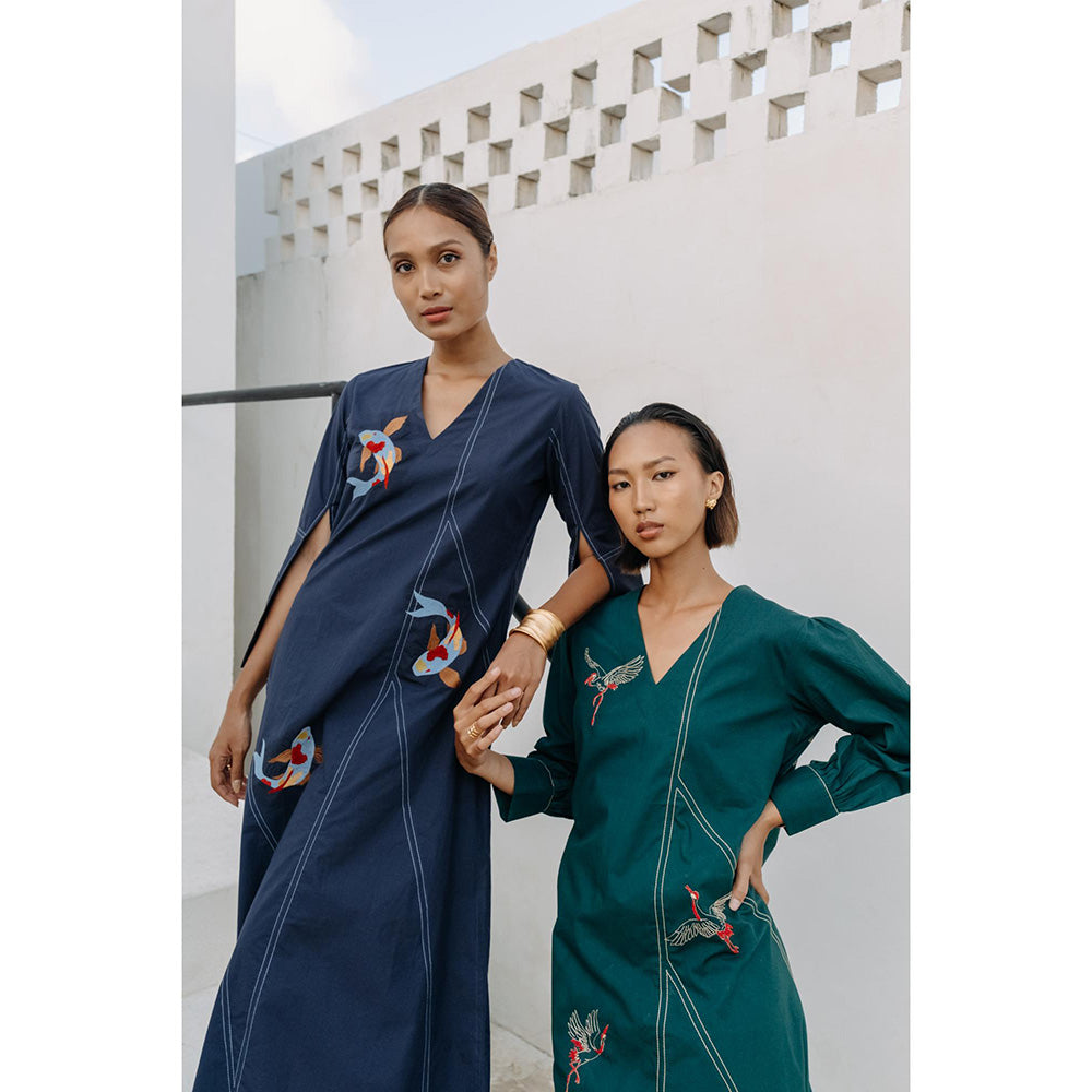 Auruhfy Teal Embroidered Song Of The Sea Dress
