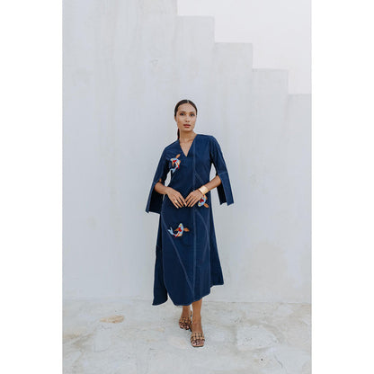 Auruhfy Navy Blue Embroidered Summer Tides Dress