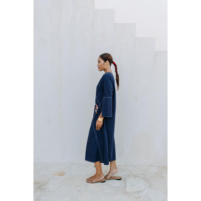 Auruhfy Navy Blue Embroidered Summer Tides Dress