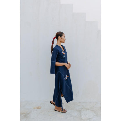 Auruhfy Navy Blue Embroidered Summer Tides Dress