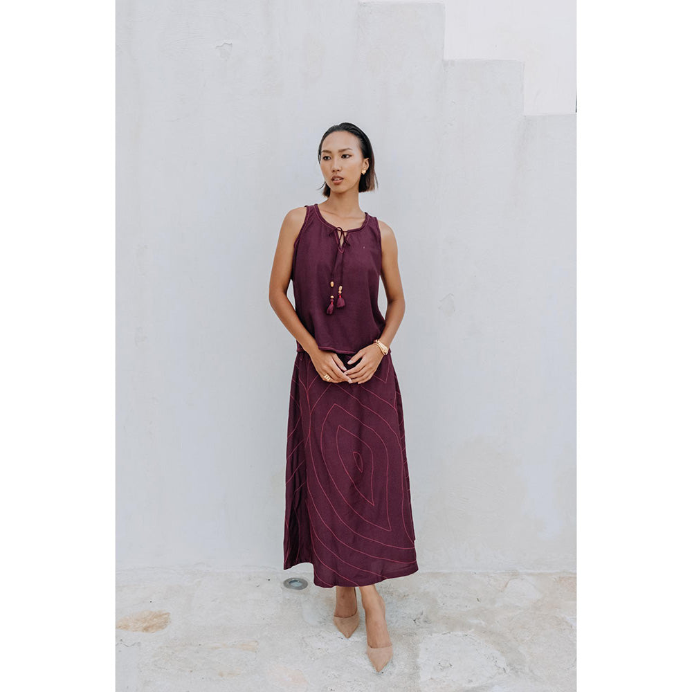 Auruhfy Burgundy Printed Wisteria Skirt with Top (Set of 2)