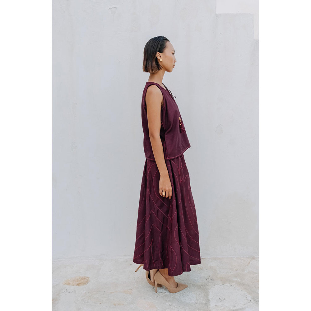 Auruhfy Burgundy Printed Wisteria Skirt with Top (Set of 2)