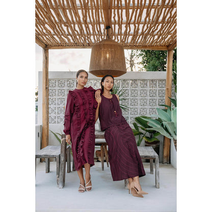Auruhfy Burgundy Printed Wisteria Skirt with Top (Set of 2)