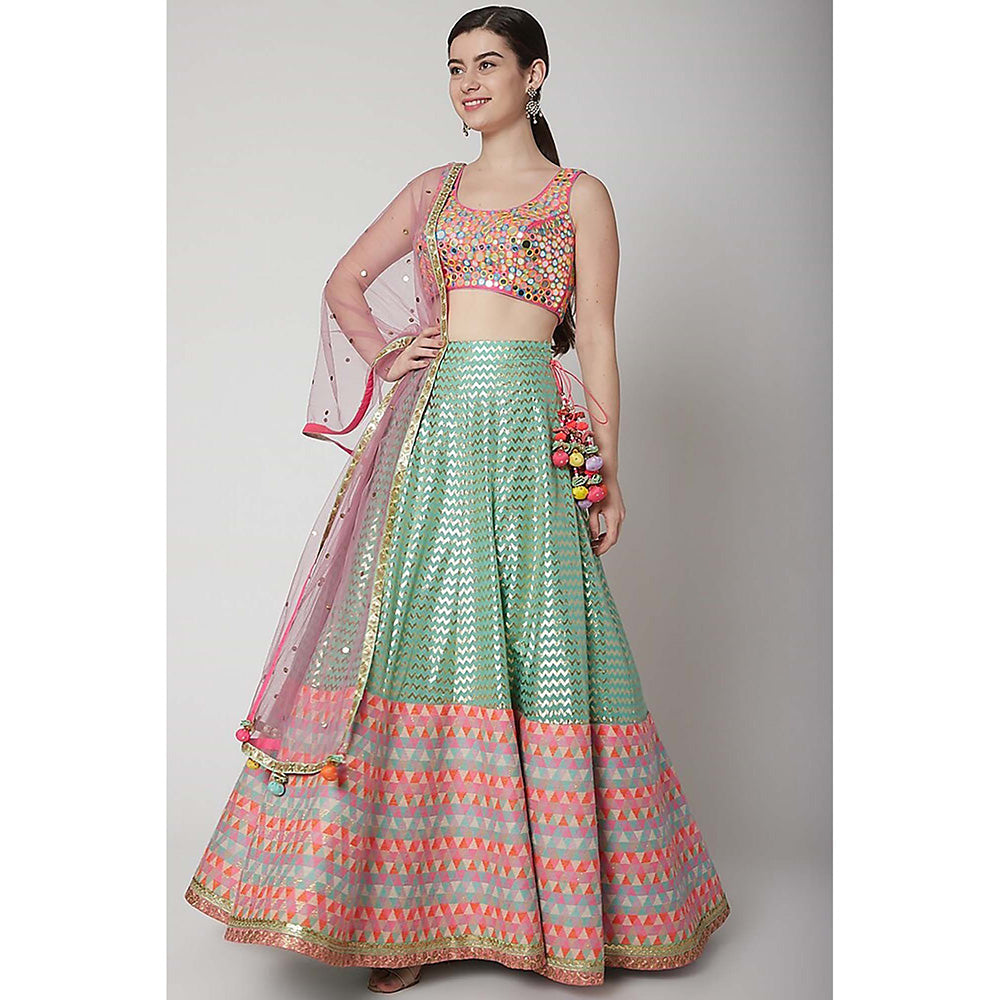 AVNNI KAPUR Multi-Color Mirror Work Choli with Banarsi Woven Lehenga and Dupatta (Set of 3)