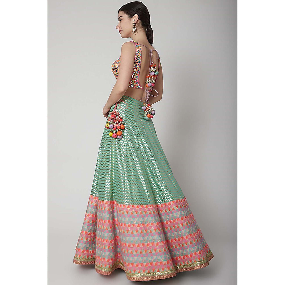 AVNNI KAPUR Multi-Color Mirror Work Choli with Banarsi Woven Lehenga and Dupatta (Set of 3)