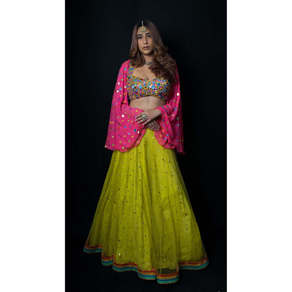AVNNI KAPUR Green Net Mukaish Lehenga with Georgette Mirror Work Choli (Set of 2)