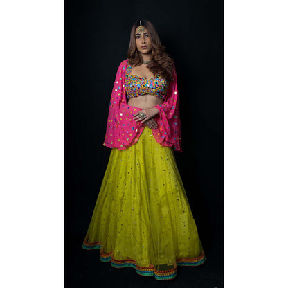 AVNNI KAPUR Green Net Mukaish Lehenga with Georgette Mirror Work Choli (Set of 2)