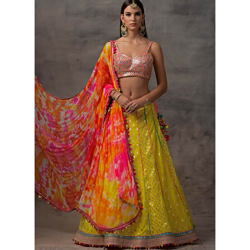 AVNNI KAPUR Yellow Lehenga with Rainbow Mirror Work Choli with Tie and Dye Dupatta (Set of 3)