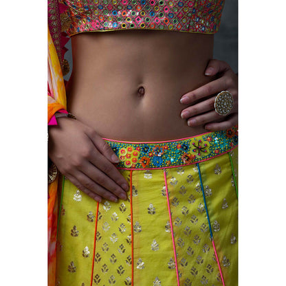 AVNNI KAPUR Yellow Lehenga with Rainbow Mirror Work Choli with Tie and Dye Dupatta (Set of 3)