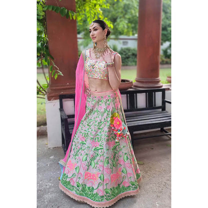 AVNNI KAPUR Pink Thread Embroidered Lehenga with Mirror Work Choli and Dupatta (Set of 3)