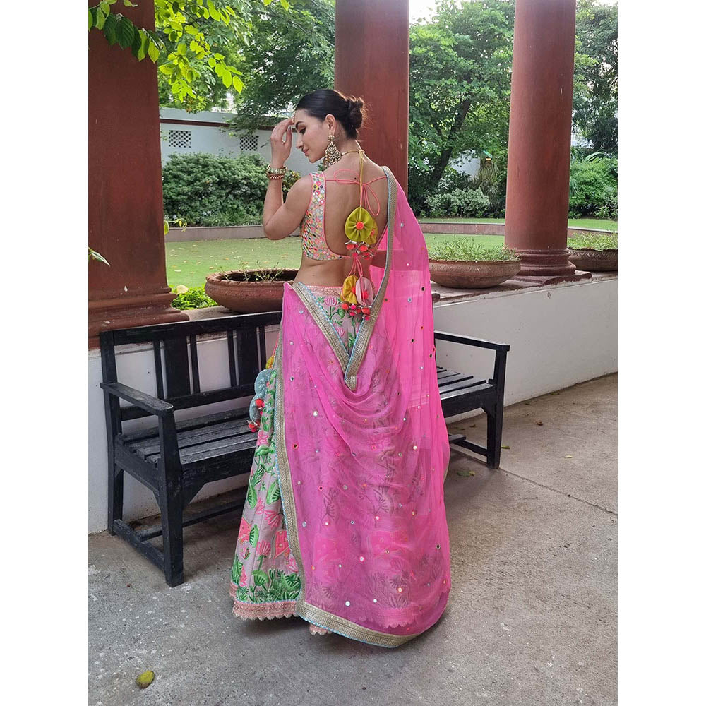 AVNNI KAPUR Pink Thread Embroidered Lehenga with Mirror Work Choli and Dupatta (Set of 3)