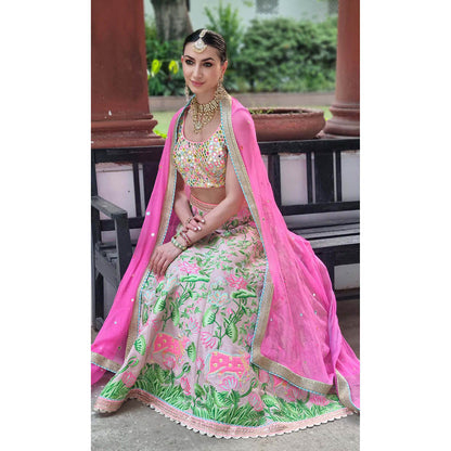 AVNNI KAPUR Pink Thread Embroidered Lehenga with Mirror Work Choli and Dupatta (Set of 3)