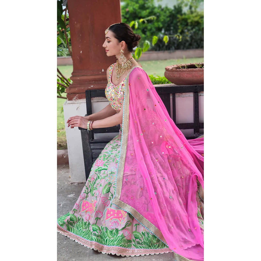 AVNNI KAPUR Pink Thread Embroidered Lehenga with Mirror Work Choli and Dupatta (Set of 3)