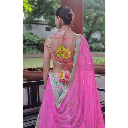 AVNNI KAPUR Pink Thread Embroidered Lehenga with Mirror Work Choli and Dupatta (Set of 3)
