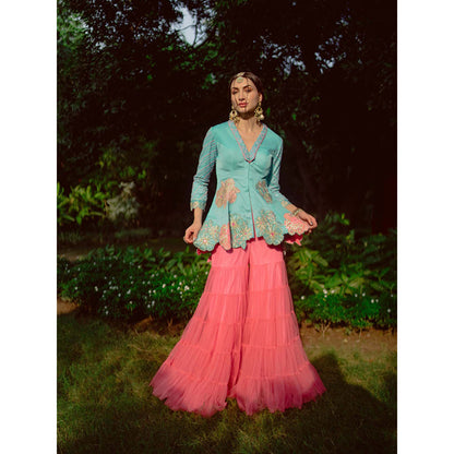 AVNNI KAPUR Blue Modal Satin Kurti with Flower Embroidery and Sharara (Set of 2)