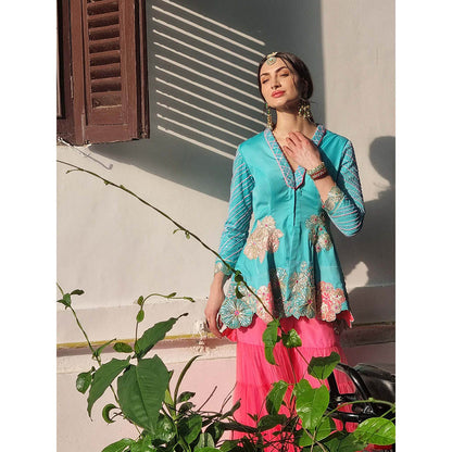 AVNNI KAPUR Blue Modal Satin Kurti with Flower Embroidery and Sharara (Set of 2)