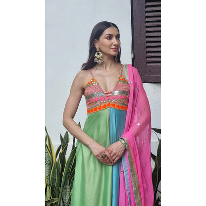 AVNNI KAPUR Multi-Color Silk Chander Anarkali Kurta with Pant and Dupatta (Set of 3)