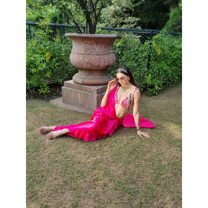 AVNNI KAPUR Modal Satin Pre-Drape Saree with Sequience Work Stitched Blouse