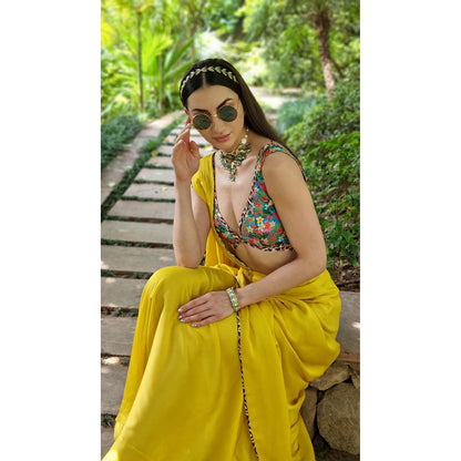 AVNNI KAPUR Satin Chiffon Pre-Draped Saree with Printed Stitched Blouse
