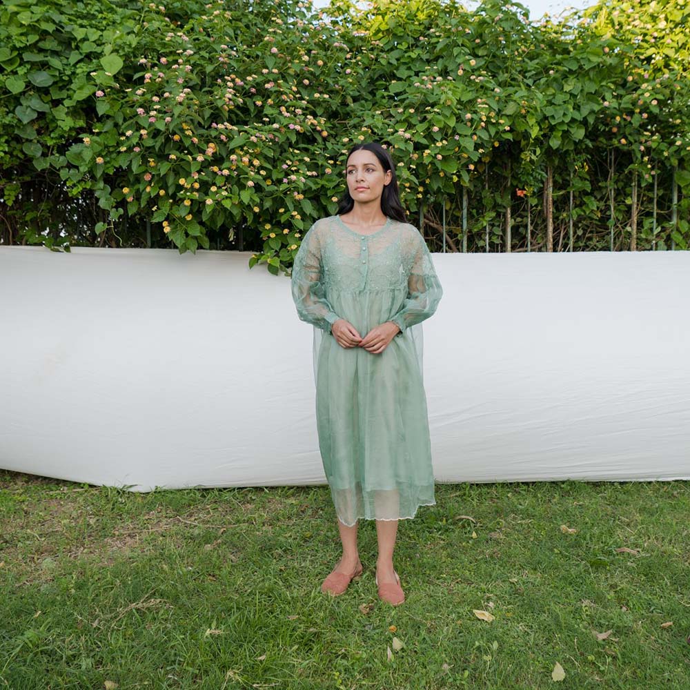 AYAKA Mel Green Gathered Kurta (Set of 2)