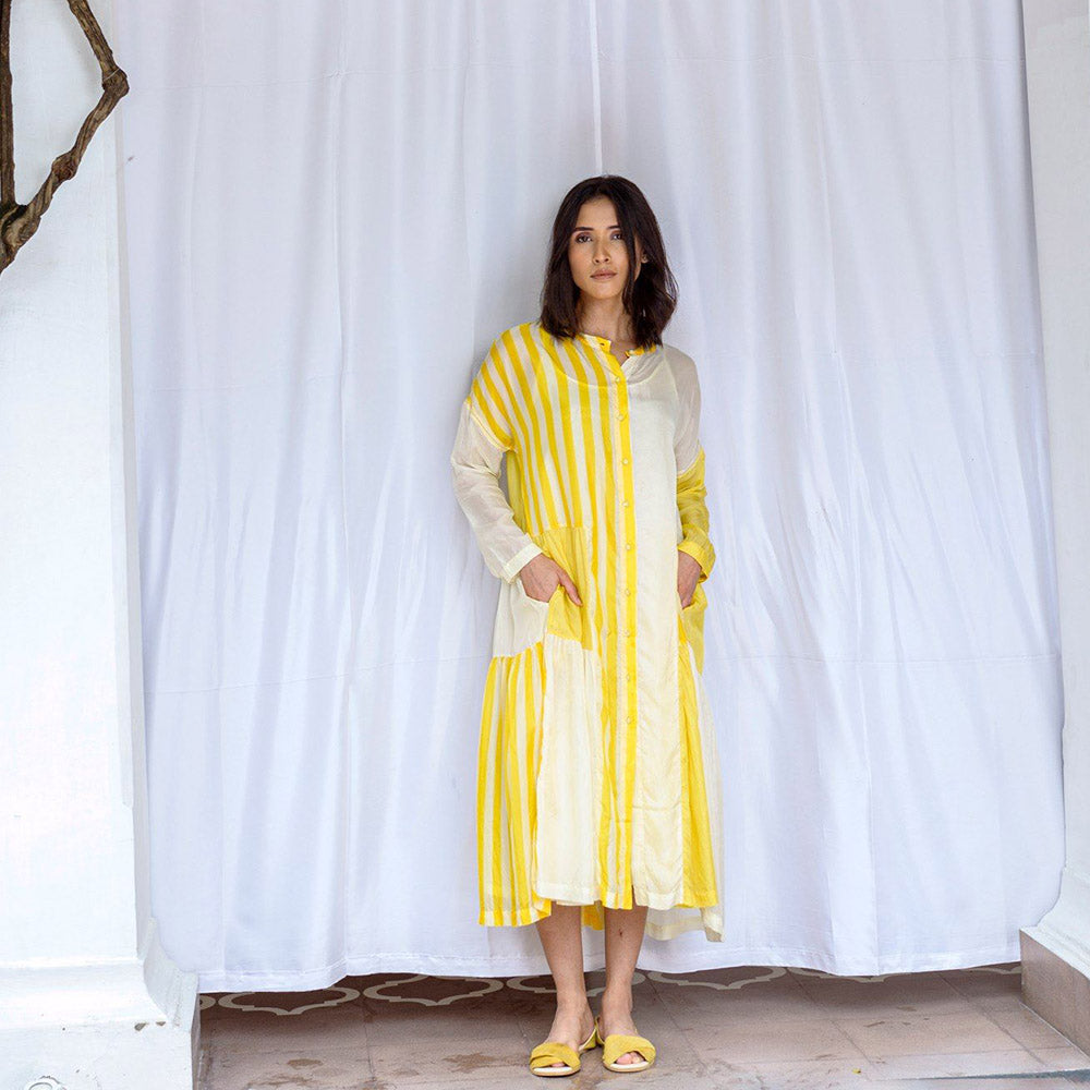 AYAKA Mila Yellow Color Blocked Midi Dress with Slip (Set of 2)
