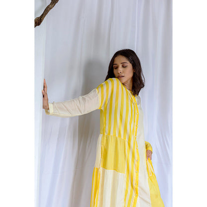 AYAKA Mila Yellow Color Blocked Midi Dress with Slip (Set of 2)