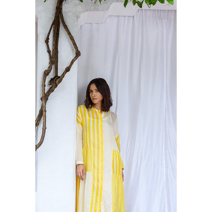AYAKA Mila Yellow Color Blocked Midi Dress with Slip (Set of 2)