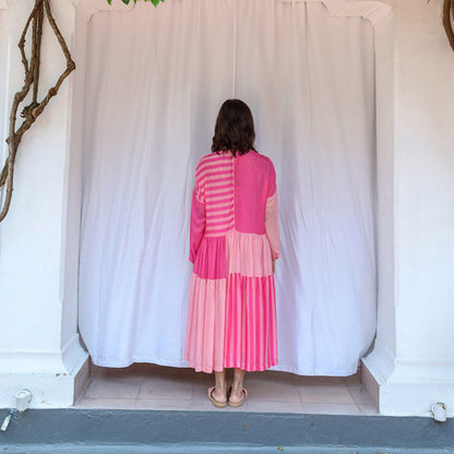 AYAKA Mila Pink Color Blocked Midi Dress with Slip (Set of 2)