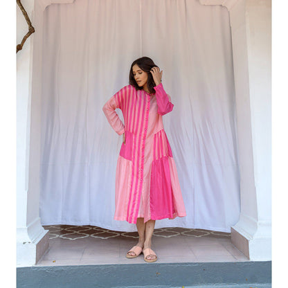 AYAKA Mila Pink Color Blocked Midi Dress with Slip (Set of 2)