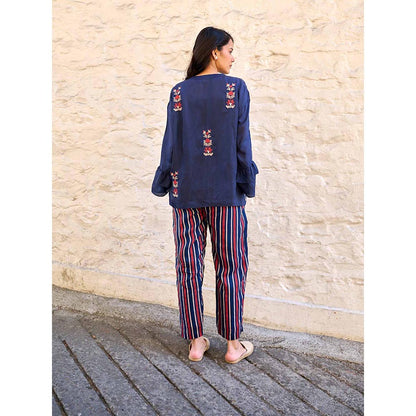 AYAKA Pearl Navy Blue Pin Tuck Shirt