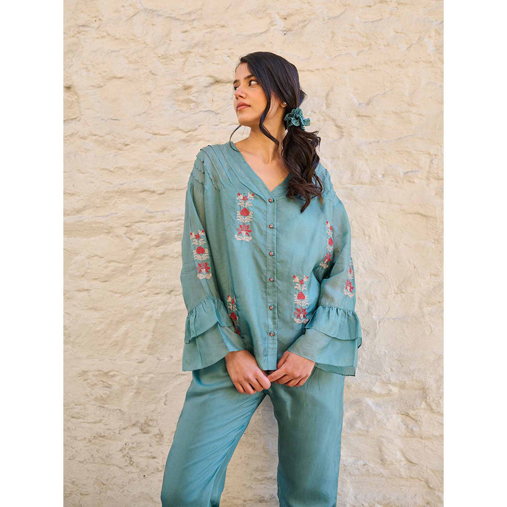 AYAKA Pearl Teal Pin Tuck Shirt