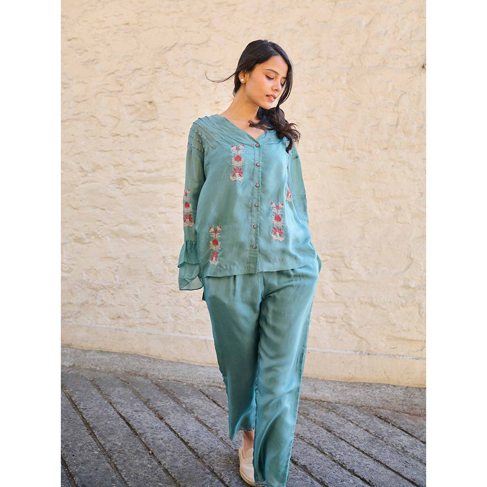AYAKA Pearl Teal Pin Tuck Shirt