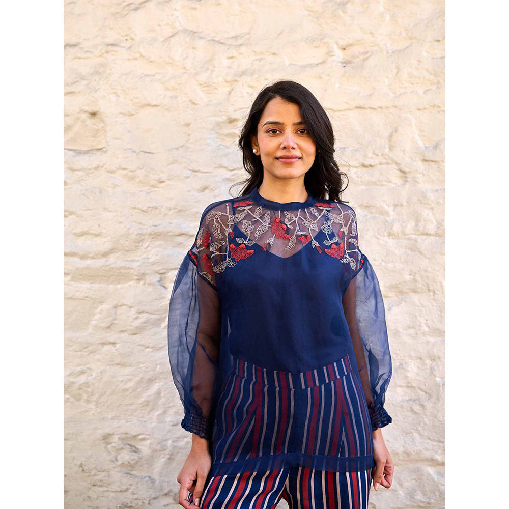 AYAKA Pam Navy Blue Silk Organza Top with Inner (Set of 2)