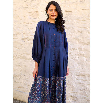 AYAKA Ethel Navy Blue Block Printed Midi Dress with Inner (Set of 2)
