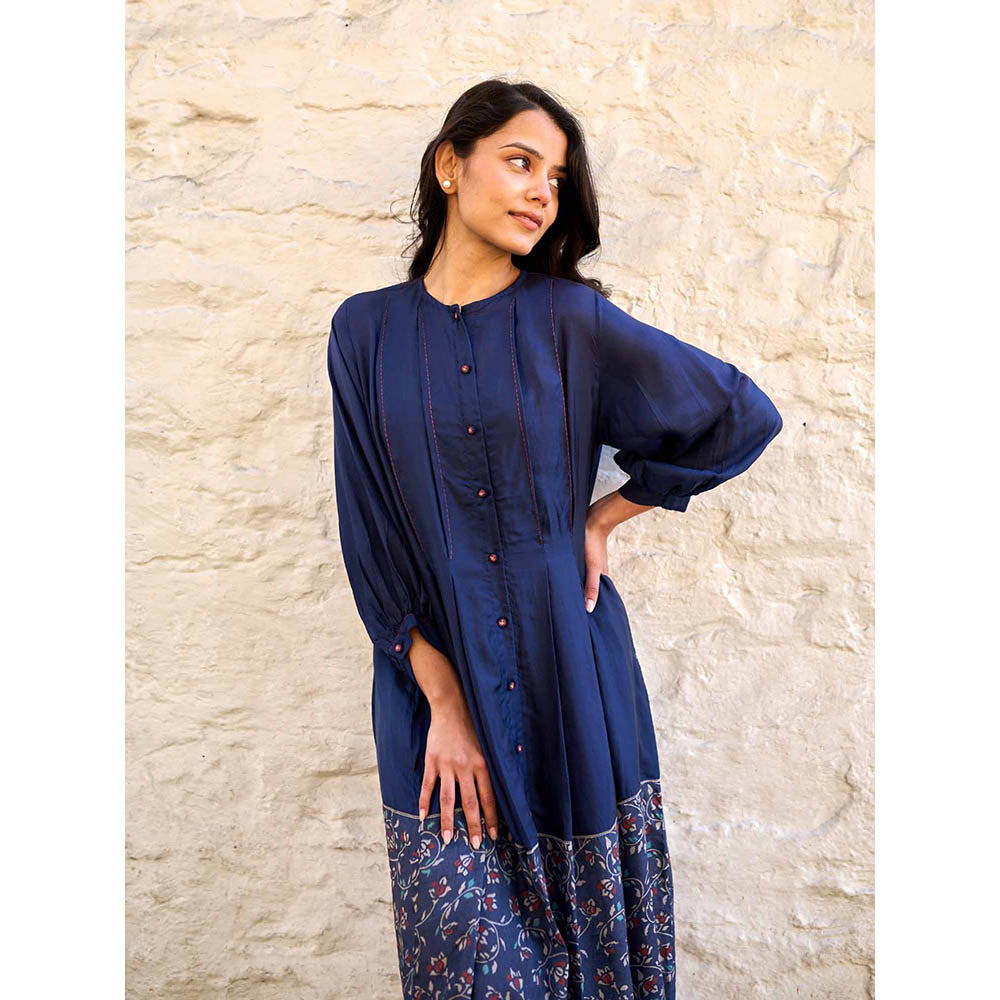 AYAKA Ethel Navy Blue Block Printed Midi Dress with Inner (Set of 2)