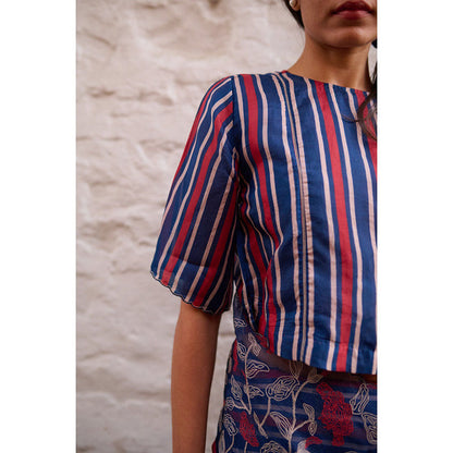 AYAKA Navy Blue Stripes Stitched Blouse