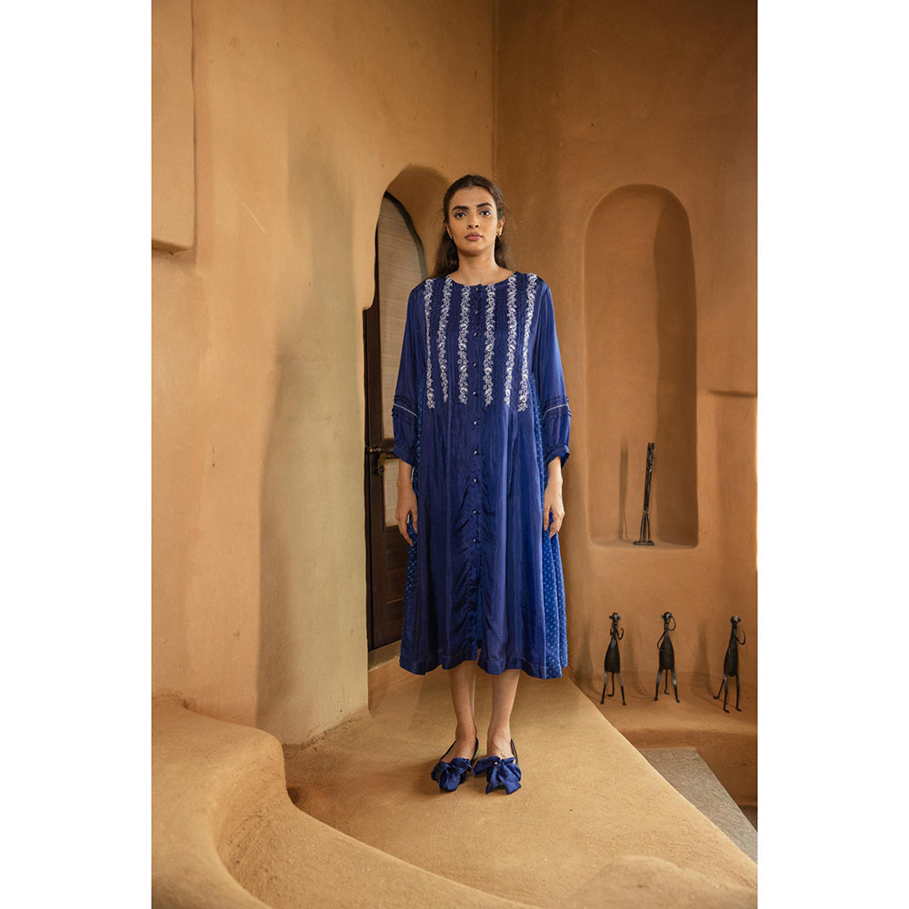 AYAKA Osho Blue Front Open Pintuck Dress